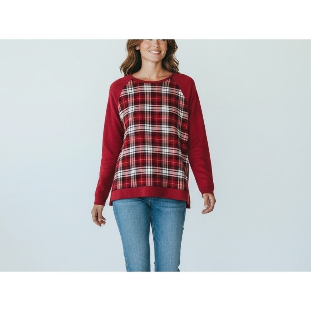 Two By Vince Camuto blouse semi sheer red plaid crew side zip holiday size M